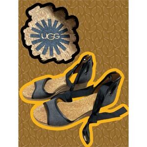 UGG Women's Amell Sandal Size 7 Wedge Espadrille Ankle Wrap Cork Footbed Gray